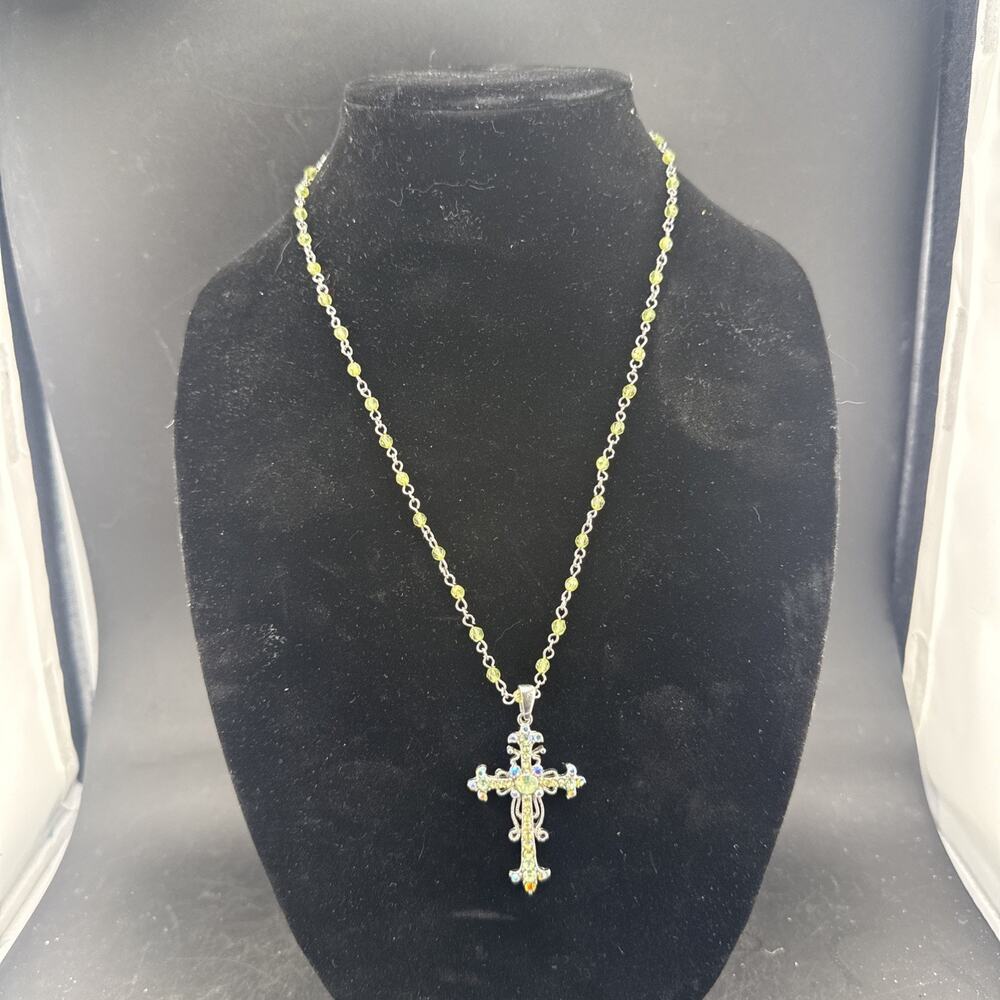 VCLM Silver Tone Cross Pendant Necklace Green Beads Aurora Borealis Rhinestones